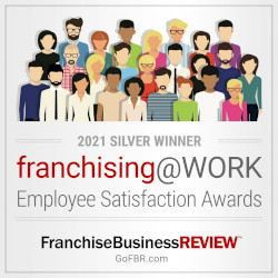 2021 silver winner badge for franchising at work employee satisfaction award