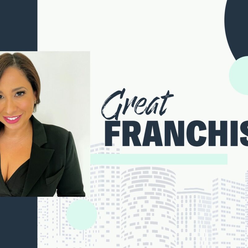 Graphic of Cynthia Maxwell, Drybar Franchisee with the words great franchisee in big bold letters, with soft colors of dark blue, light teal and white